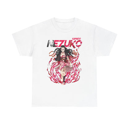 Elegant white T-shirt adorned with a striking Nezuko Kamado graphic, blending traditional Japanese elements with contemporary style for anime enthusiasts.