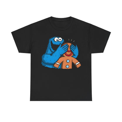 Cookie Monster guess who Graphic Unisex Tee Shirt featuring a whimsical design with Cookie Monster playfully obscuring a charming gingerbread man, perfect for quirky fashion lovers.