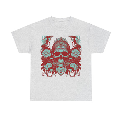 Skulls and Roses Cotton Tee in light grey, showcasing a captivating skull intertwined with roses, ideal for expressing individuality in a luxurious fashion.