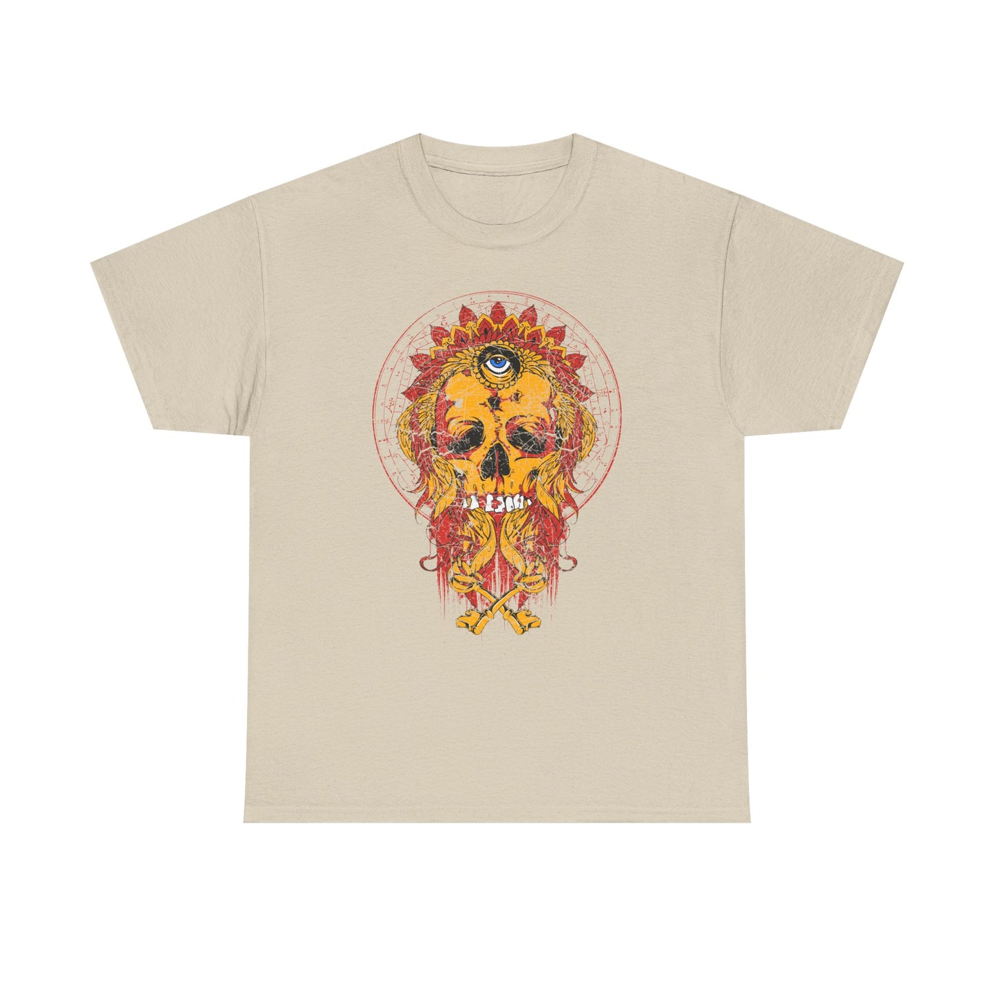 Elegant cream Skull Graphic Tee showcasing a striking crown headdress with a mystical all-seeing eye, rendered in vivid oranges and reds, perfect for making a statement.