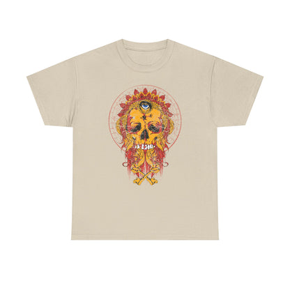 Elegant cream Skull Graphic Tee showcasing a striking crown headdress with a mystical all-seeing eye, rendered in vivid oranges and reds, perfect for making a statement.