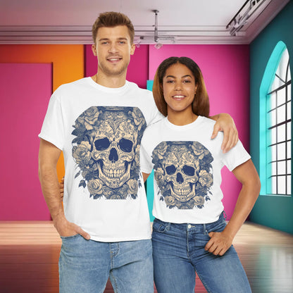 Skulls and Roses Cotton Tee - Unisex Graphic Shirt in classic white, showcasing an eye-catching skull and roses design, an ideal choice for unique style and comfort.