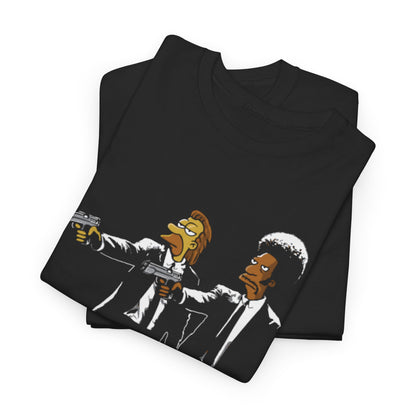 Luxury urban unisex cotton graphic t-shirt featuring a whimsical design of Lenny and Carl from The Simpsons, inspired by Pulp Fiction, perfect for fans seeking both style and humour.