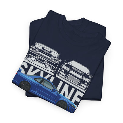Artistic representation of iconic Nissan Skyline GT-R vehicles front-facing on a navy blue men's T-shirt, stacked, exemplifying automotive excellence.
