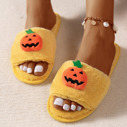 Luxurious Halloween Cute Pumpkin Plush Slippers in vibrant yellow, showcasing a charming pumpkin design on open-toe shoes, perfect for women seeking winter warmth indoors.