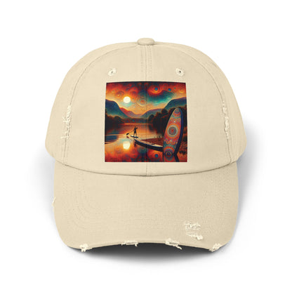 Unisex Distressed Paddleboarders Cap showcasing a vibrant paddleboarding scene, offering stylish sun protection for paddleboard enthusiasts.
