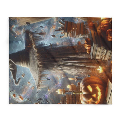 Close-up of a decorative and warm Halloween spooky Arctic fleece blanket, highlighting exquisite artwork with pumpkins and Halloween motifs.