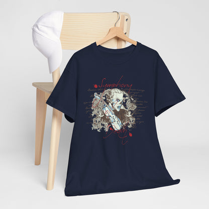 Luxury navy t-shirt styled with a Baroque skull and violin design, accompanied by elegant flowers and sophisticated script, displayed on a wooden hanger beside a minimalist chair for a refined look.