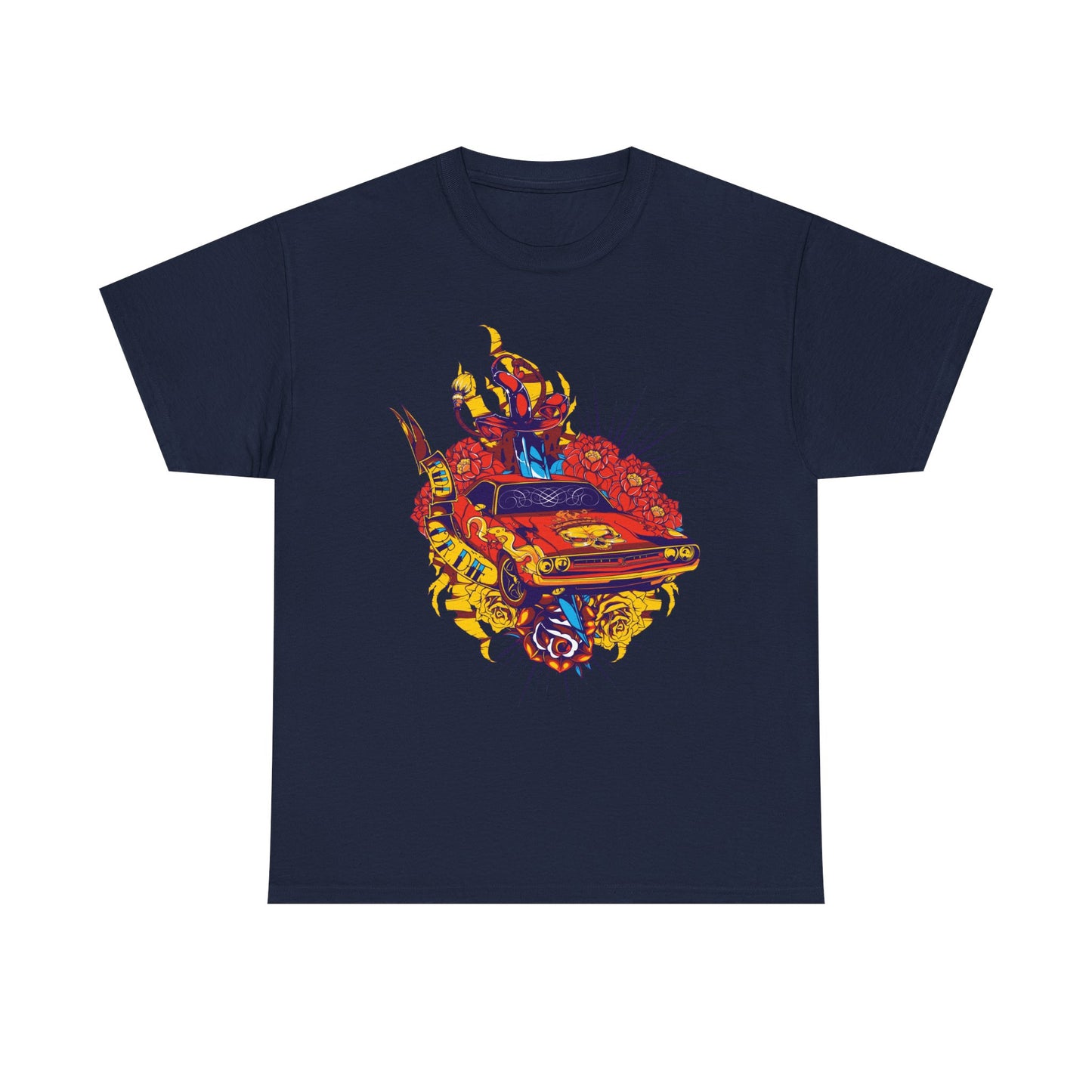 Elegant navy t-shirt with a captivating graphic of a red muscle car and rich floral accents, combining boldness with style for discerning wearers.
