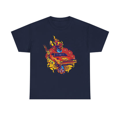Chic navy t-shirt adorned with a tattoo-style graphic of a vivid muscle car encircled by roses, exuding a sense of adventure and luxury for discerning taste.