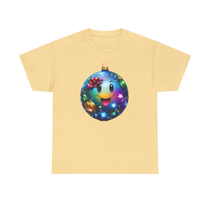 Festive Cheer Christmas Bauble Unisex Cotton T-Shirt Graphic Tee in a warm yellow hue, adorned with a delightful ornament design exuding holiday joy and charm.