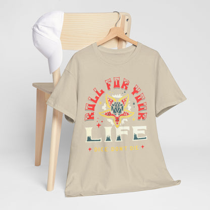 Sophisticated styled t-shirt on a wooden chair, featuring the captivating 'ROLL FOR YOUR LIFE' graphic design, ideal for casual chic outfits.