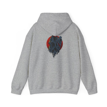 Chic grey hoodie displaying a captivating demon graphic with a vibrant red circle, perfect for a sophisticated yet edgy look.