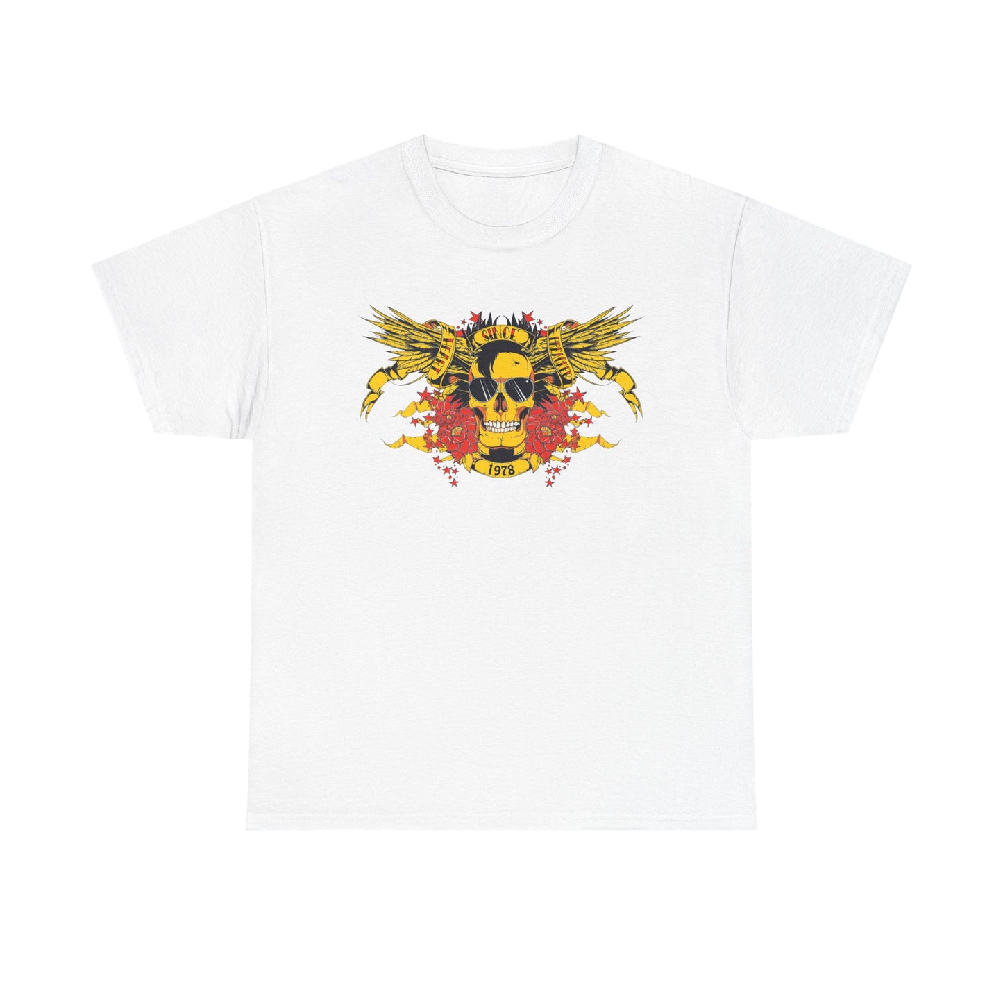 Luxury bold yellow skull graphic t-shirt adorned with majestic wings, vibrant flowers, and retro 1978 design against a white backdrop, perfect for expressing individuality.