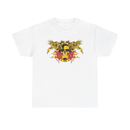 Luxury bold yellow skull graphic t-shirt adorned with majestic wings, vibrant flowers, and retro 1978 design against a white backdrop, perfect for expressing individuality.