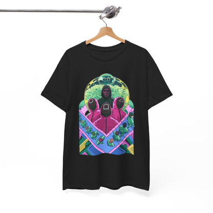 Stylish black graphic t-shirt featuring iconic imagery inspired by the hit show Squid Game, elegantly displayed on a wooden hanger.