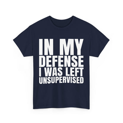 Front design of the In My Defense Graphic Tee Shirt, showcasing striking white text against navy blue fabric, perfect for making a statement.