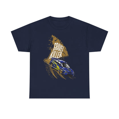 Refined Gravel Killer Men's T-Shirt in navy, highlighting an eye-catching blue rally car illustration, ideal for the modern racing aficionado.