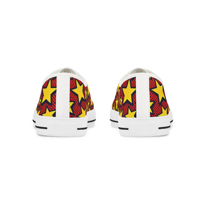 Electra BoltPattern - Men's Lowtop Sneakers featuring a striking pop art design with vibrant yellow stars on a bold red background, showcasing a luxurious and unique aesthetic ideal for fashionable individuals.