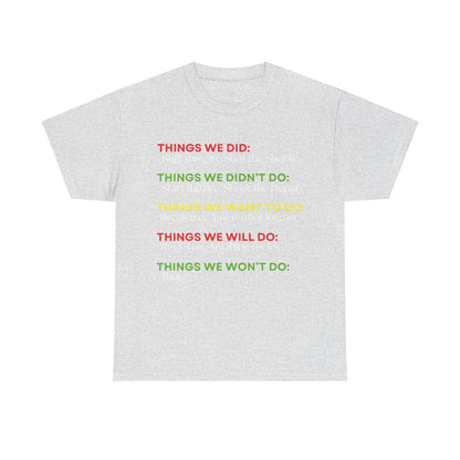 Rock Anthems Tribute Unisex Cotton T-Shirt Graphic Tee in elegant heather grey, adorned with striking phrases from rock history, perfect for those who appreciate musical artistry.