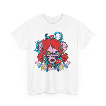 Men's artistic t-shirt featuring a striking skull design, adorned with vibrant red hair and intricate floral motifs on a white background. Perfect for making a bold fashion statement.