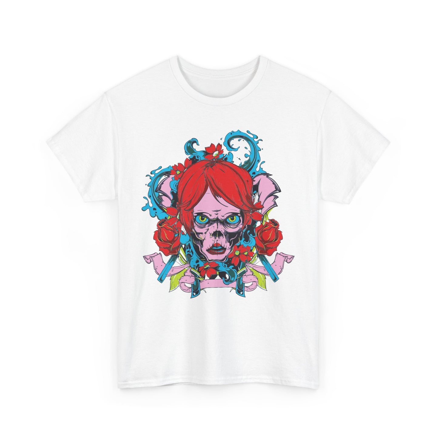 Luxurious men's artistic t-shirt featuring a bold skull design with vibrant red hair and intricate floral elements on a pristine white backdrop, ideal for making a striking fashion statement.