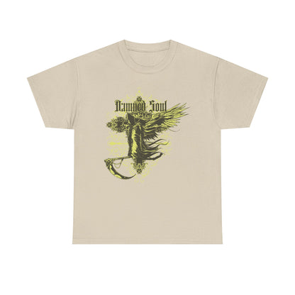 Elegant beige men's t-shirt featuring a gothic Grim Reaper design with intricate floral accents and the phrase 'Damned Soul' in a stylish font, perfect for a dark, sophisticated wardrobe.