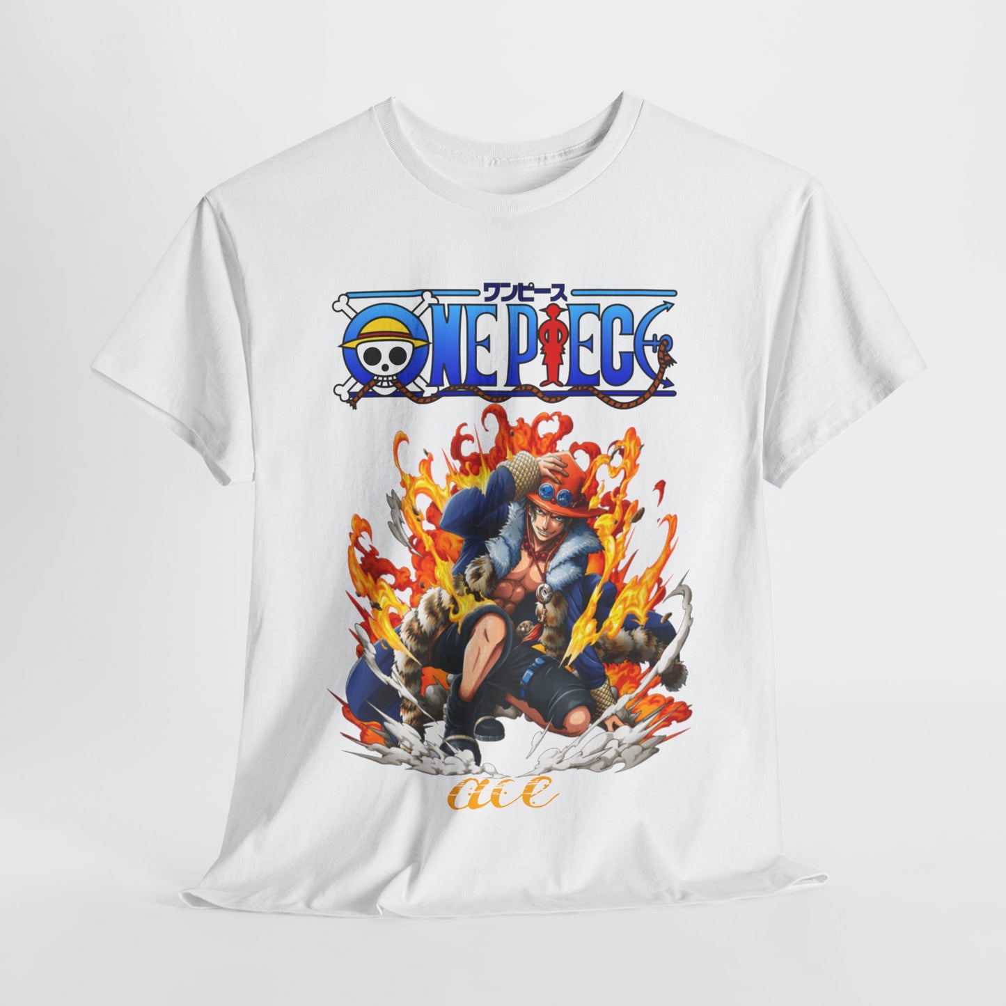 Stylish Epic Ace T-shirt on display, showcasing captivating illustration of Ace in a dynamic pose against fiery backdrop.