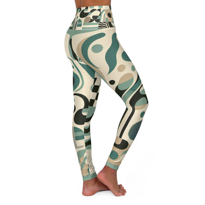 Stylish flat lay of Vivienne Starlight High-Waisted Leggings from Dazzling Dreams Studio, featuring an elegant blend of pastel green checkerboard and unique abstract designs.