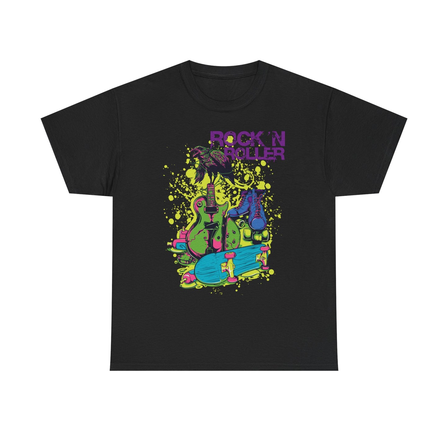 Elegant black men's t-shirt showcasing a striking rock 'n roller graphic with a bold crow atop electric guitars, surrounded by colourful roller skates and a skateboard, perfect for a fashionable, music-inspired wardrobe.