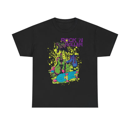 Elegant black men's t-shirt showcasing a striking rock 'n roller graphic with a bold crow atop electric guitars, surrounded by colourful roller skates and a skateboard, perfect for a fashionable, music-inspired wardrobe.
