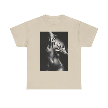 Luxury graphic t-shirt featuring a captivating black and white design of hands gently resting on a subtle nude form, exuding artistry and intrigue.