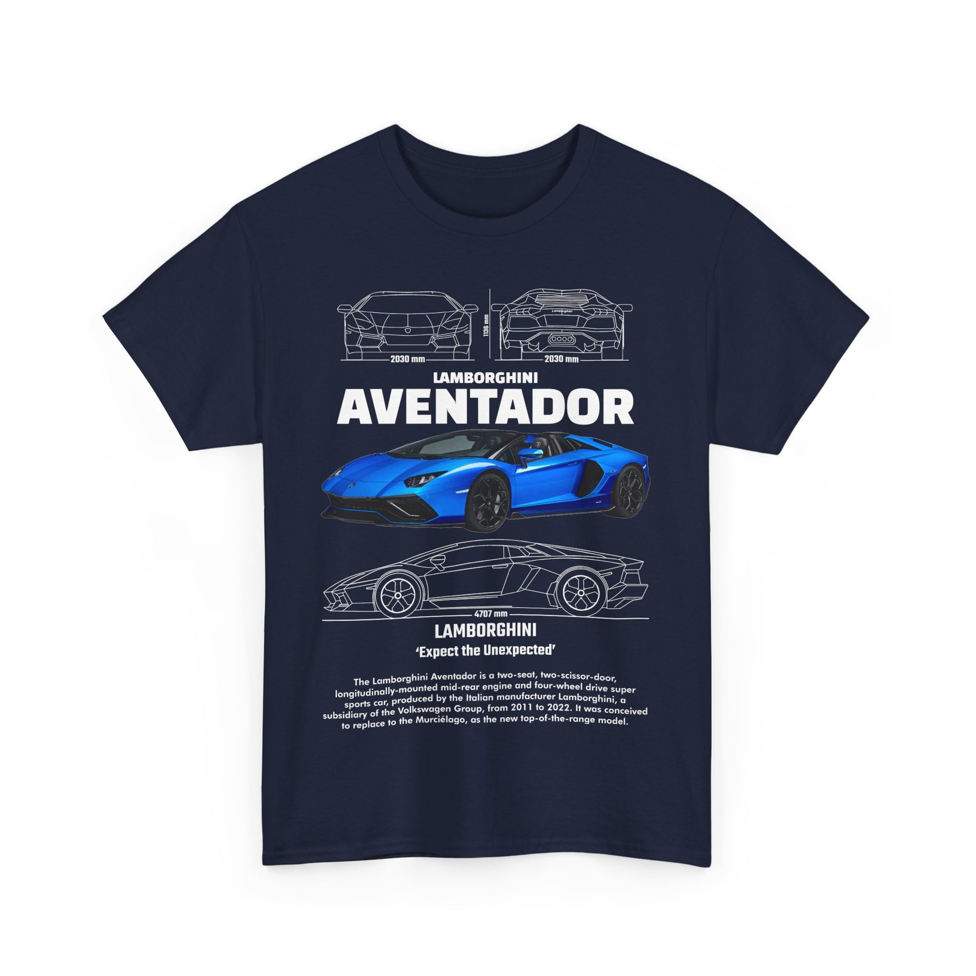 Front view of a premium navy blue men's T-shirt displaying a detailed graphic of the Lamborghini Aventador, highlighting its iconic features and specifications.