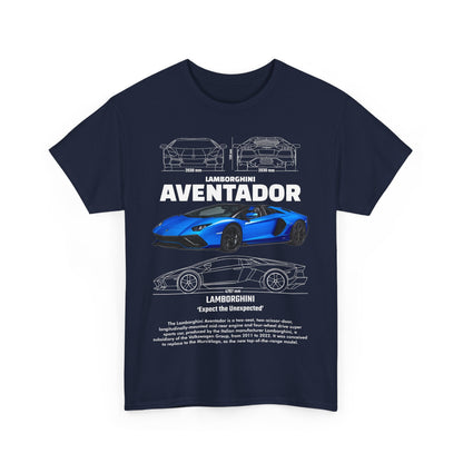 Front view of a premium navy blue men's T-shirt displaying a detailed graphic of the Lamborghini Aventador, highlighting its iconic features and specifications.