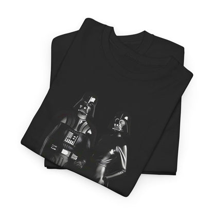 Mr + Mrs Vader Star Wars Unisex Mens Graphic Cotton Funny T Shirt Tee Vintage elegantly folded with dynamic Sith duo graphic.