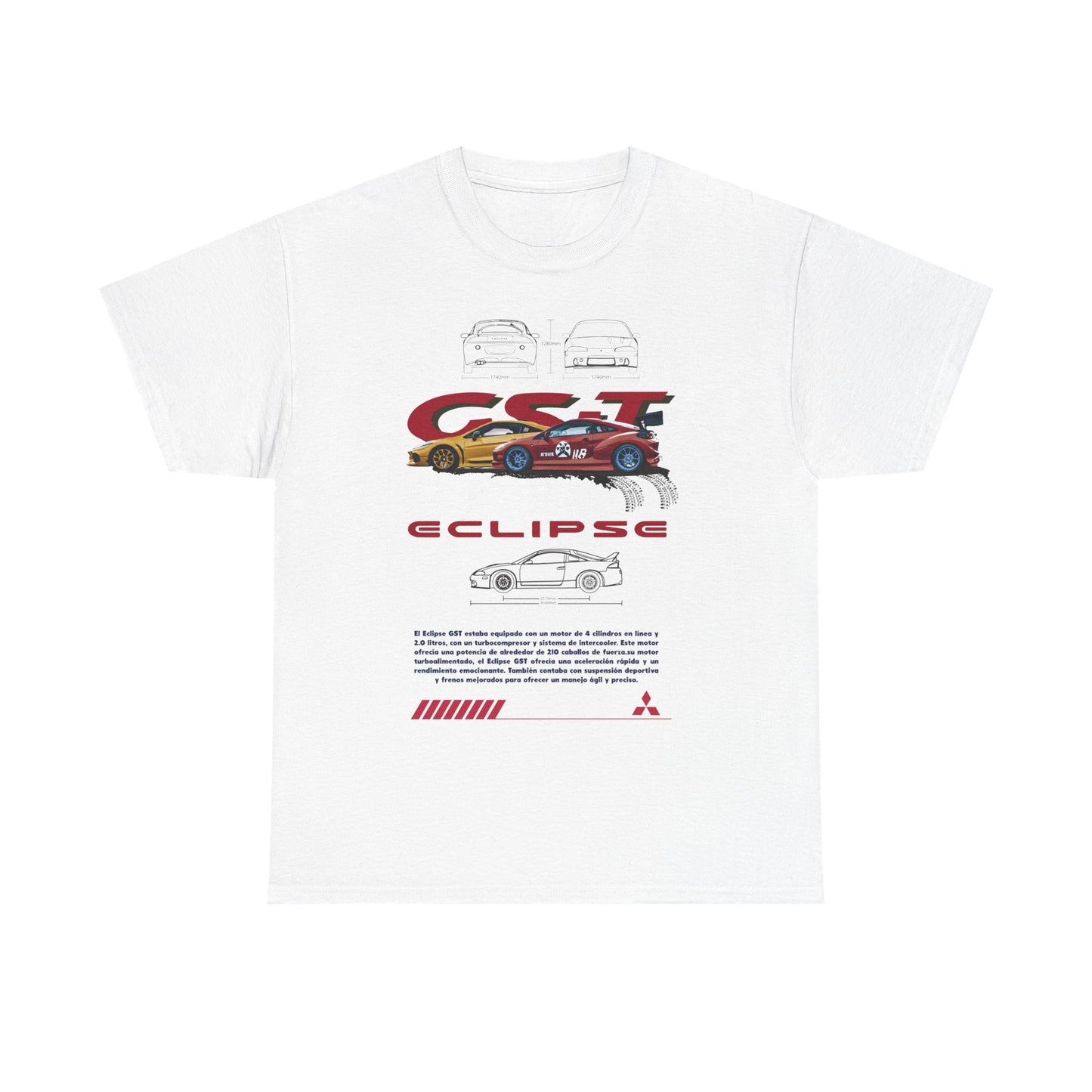 Elegant white Mitsubishi Eclipse GST Men's T-Shirt with striking graphics of the iconic car, highlighting automotive excellence and style, ideal for fashion-forward car lovers.