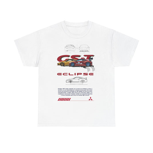 Elegant white Mitsubishi Eclipse GST Men's T-Shirt with striking graphics of the iconic car, highlighting automotive excellence and style, ideal for fashion-forward car lovers.