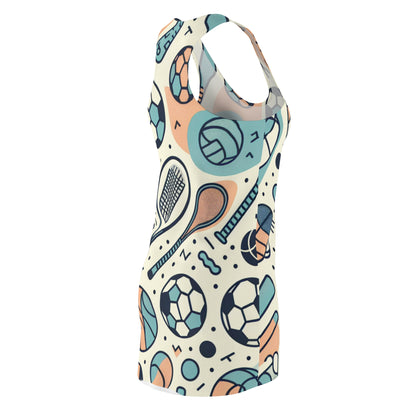 Close-up of the Pastel Racerback Sports Pattern Dress showcasing intricate abstract designs with sports motifs like bats and rackets, perfect for the stylish athlete.