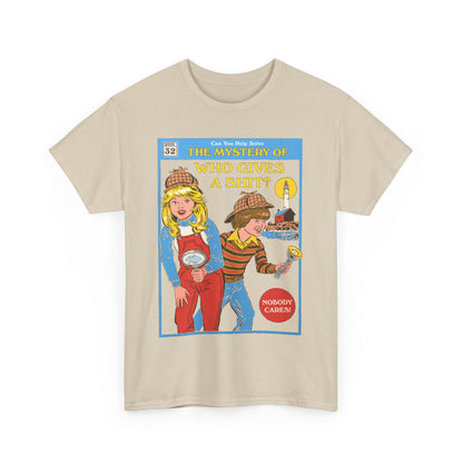 Stylish t-shirt design featuring vibrant imagery from 'The Mystery of Who Gives a Shit?' with child detectives, perfect for fashion-forward individuals seeking unique apparel.
