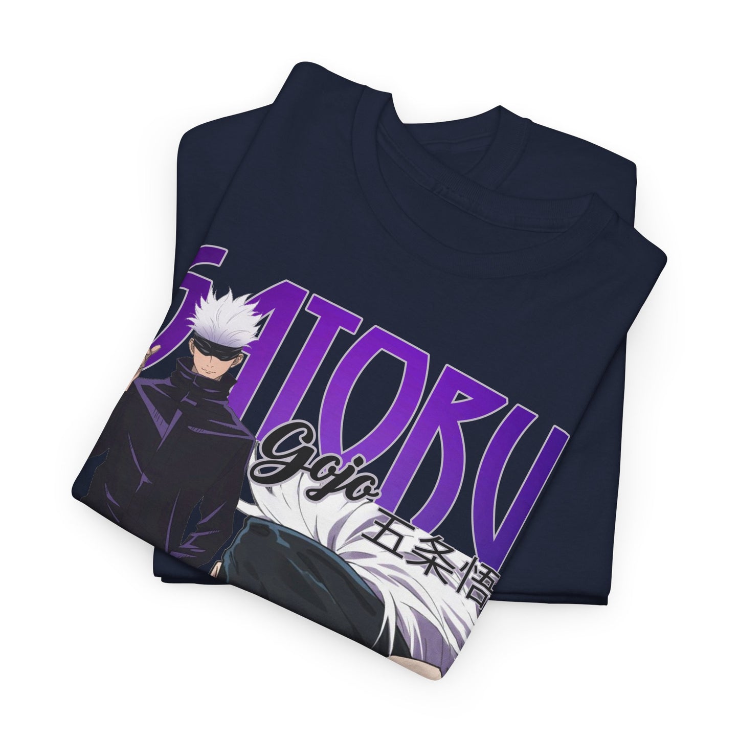 Sophisticated folded navy Jujutsu Kaisen T-shirt featuring striking Gojo Satoru design, demonstrating high-quality fabric and attractive print.