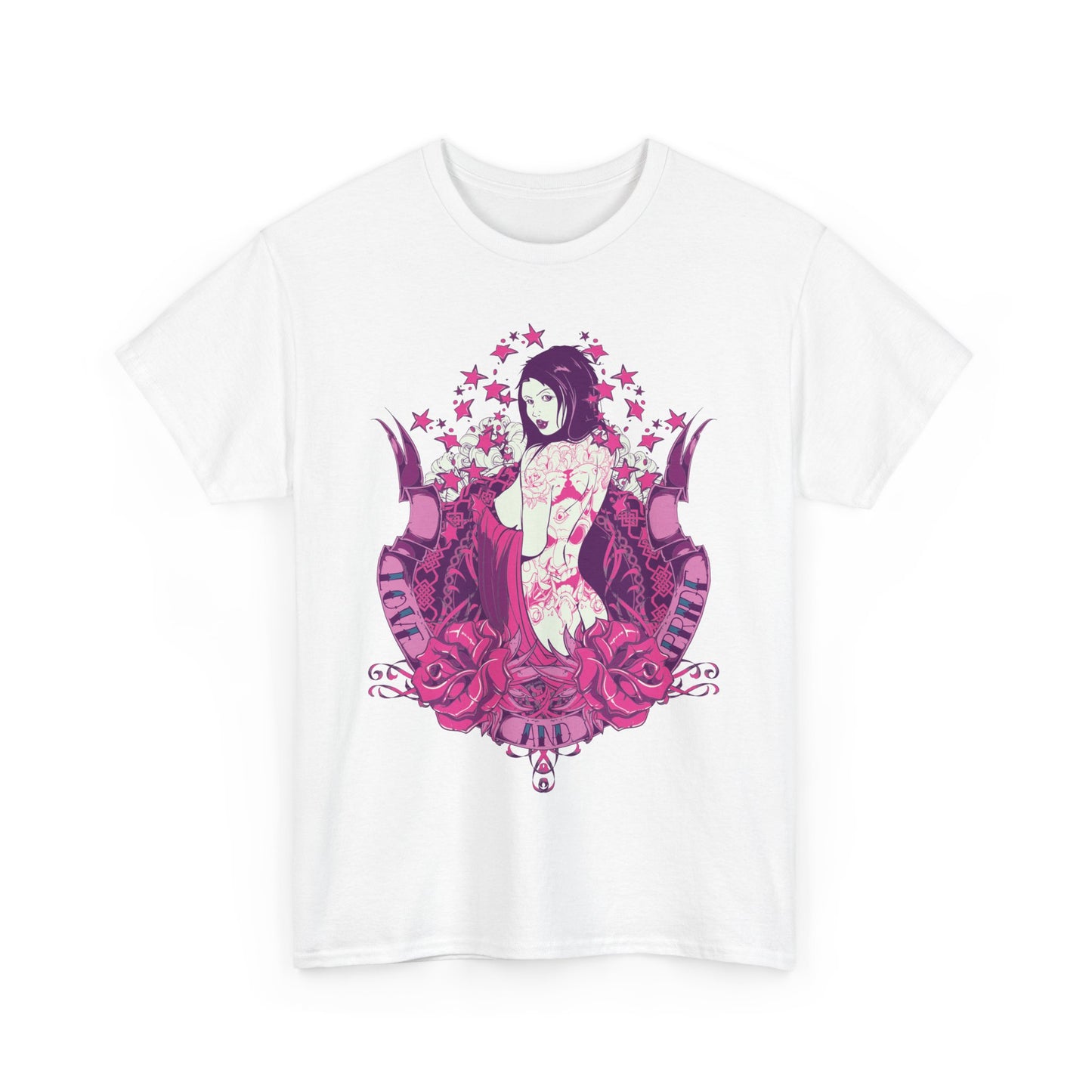 Stylish white men's T-shirt featuring bold tattoo art design with a captivating female figure surrounded by rich pink roses and stars, offering a sophisticated fashion statement.