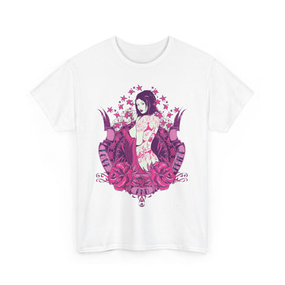 Chic white t-shirt with a striking tattoo art graphic, displaying a bold design of a tattooed figure intertwined with vibrant roses, perfect for adding a touch of artistic flair to any outfit.