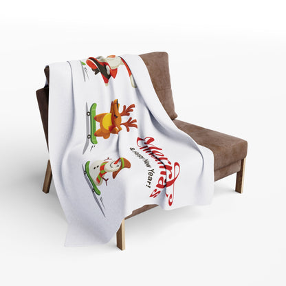 Decorative and Warm Christmas Arctic Fleece Blanket draped elegantly over a chair, displaying a playful design with holiday characters ideal for creating a cozy atmosphere.