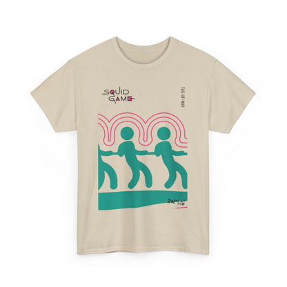 Sophisticated Squid Game inspired beige t-shirt, elegantly crafted for both men and women, adorned with a striking tug-of-war design that merges playful boldness with stylish comfort.