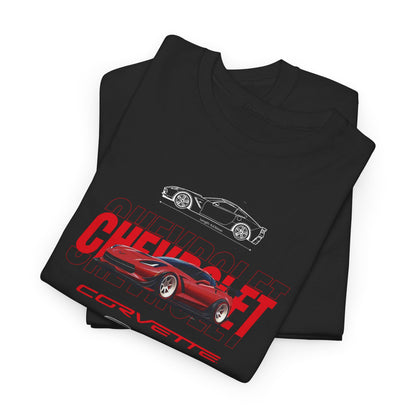 Stacked view of black luxury t-shirts featuring Chevrolet Corvette designs, exemplifying intricate artistry and the essence of speed and style.
