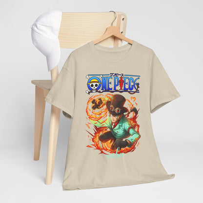 Stylish men's t-shirt adorned with an action-packed illustration of Sabo from One Piece, artistically displayed alongside a white cap, creating a chic ensemble.