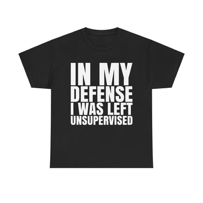 In My Defense Graphic Tee Shirt - Unisex 100% Cotton, featuring a bold, quirky white typography design, perfect for showcasing your unique geek style in a luxurious way.