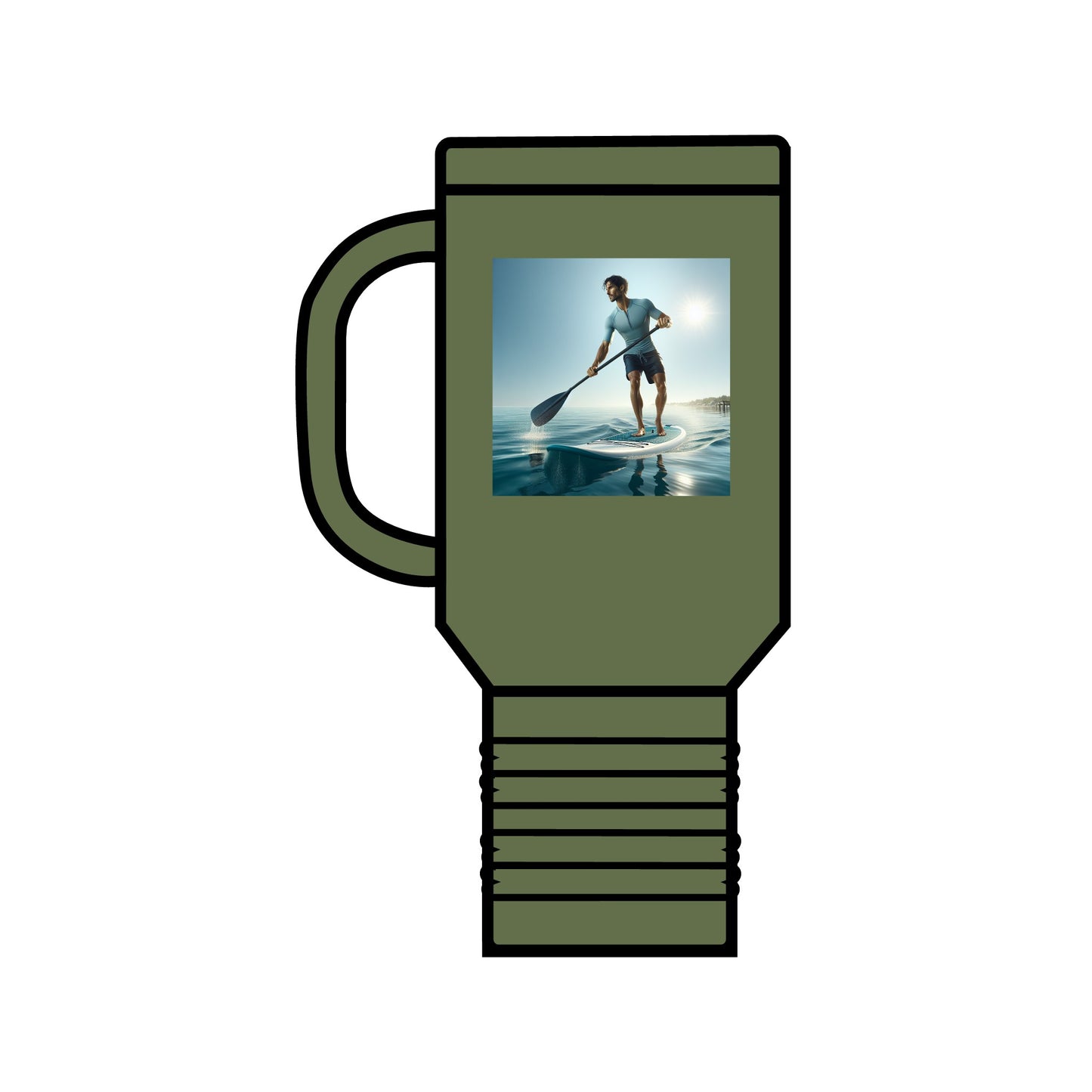 Fantasy Paddleboarding 40oz Insulated Stainless Steel Travel Mug in stylish olive green, featuring a stunning paddleboarding illustration, ideal for outdoor enthusiasts.