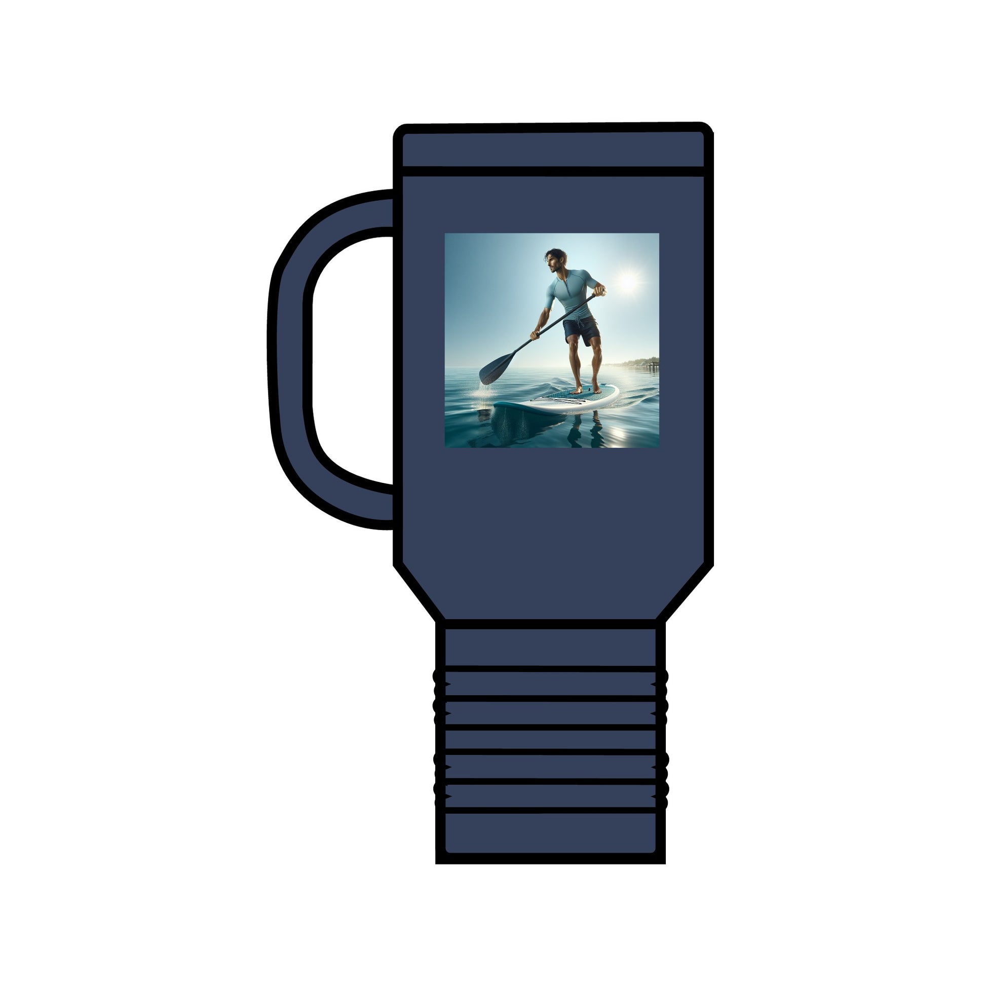 Fantasy Paddleboarding 40oz Insulated Stainless Steel Travel Mug in elegant navy, adorned with an inspiring paddleboarder image, perfect for the luxury lifestyle.