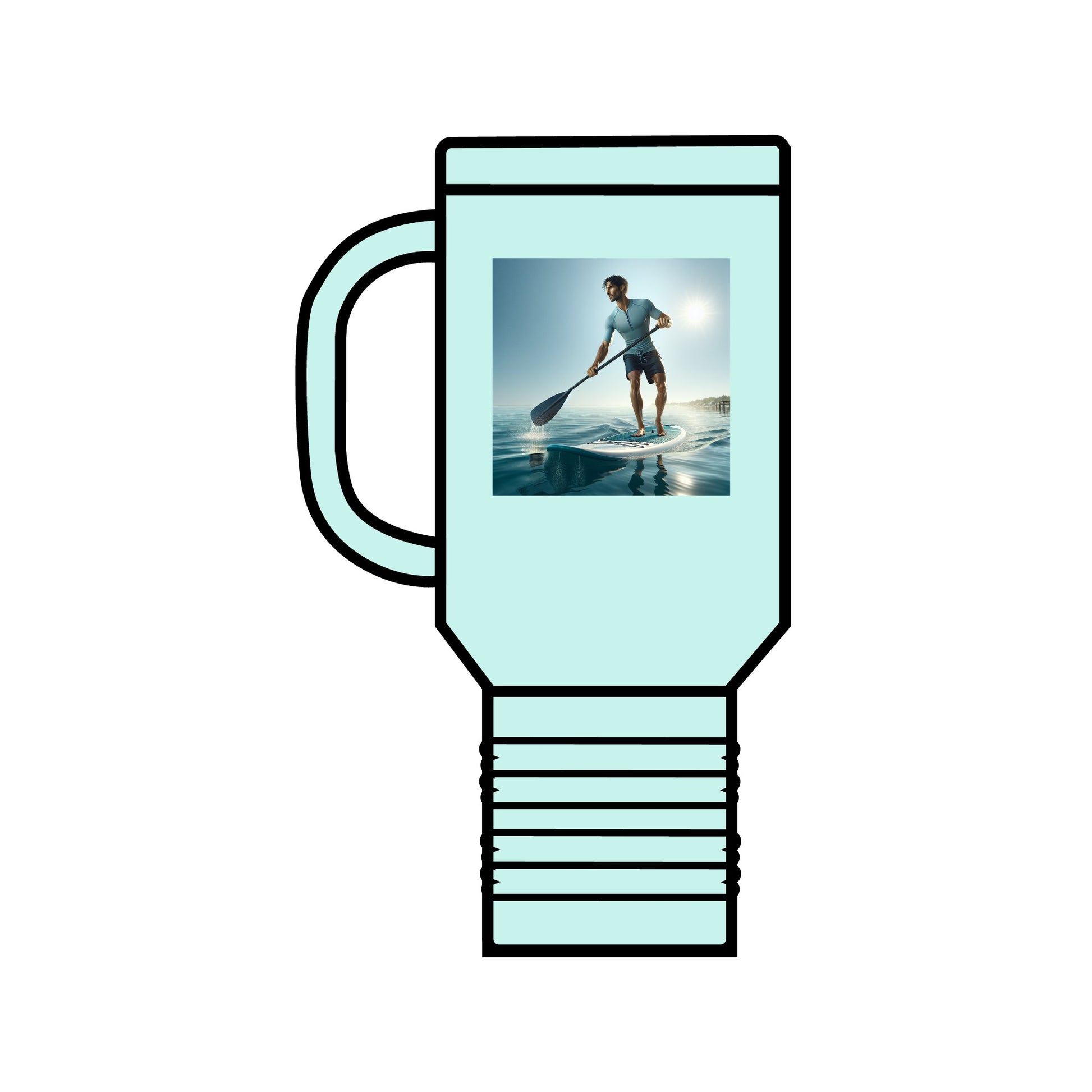 Chic Fantasy Paddleboarding 40oz Insulated Stainless Steel Travel Mug in light green, combining beauty and functionality for the discerning traveller.